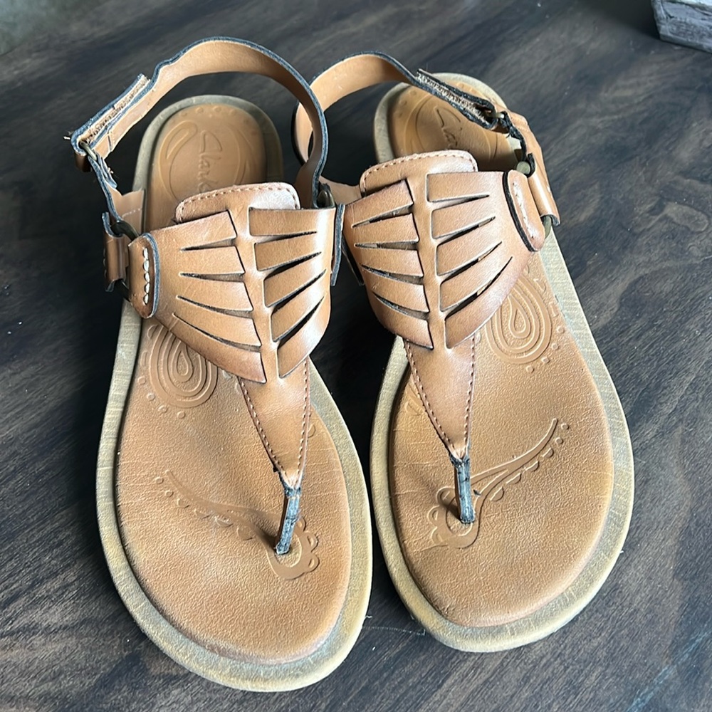 Clarks tan leather wedge sandals